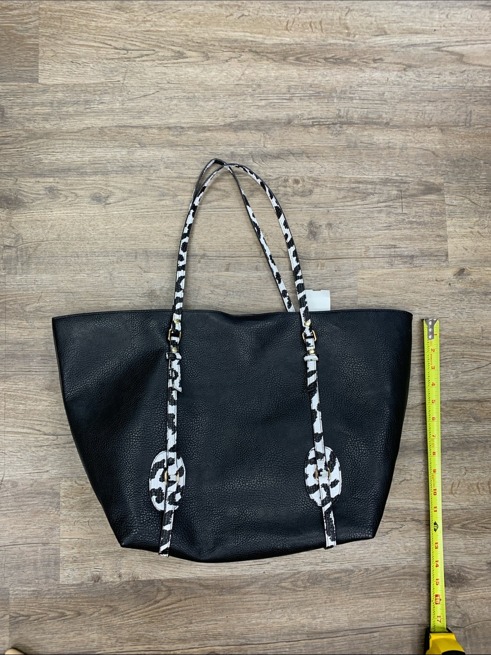 Neiman Marcus Black Tote with Monochrome Patterned Straps